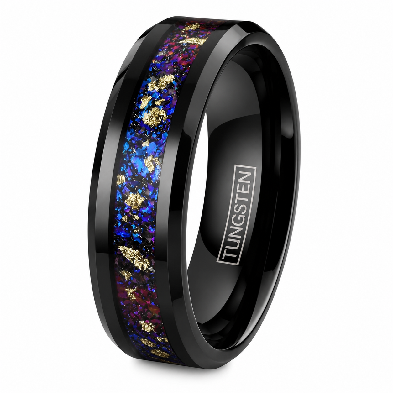 Black Tungsten Carbide Ring Men's Galaxy Opal & 24k Gold Leaf Wedding Band Ring 8mm