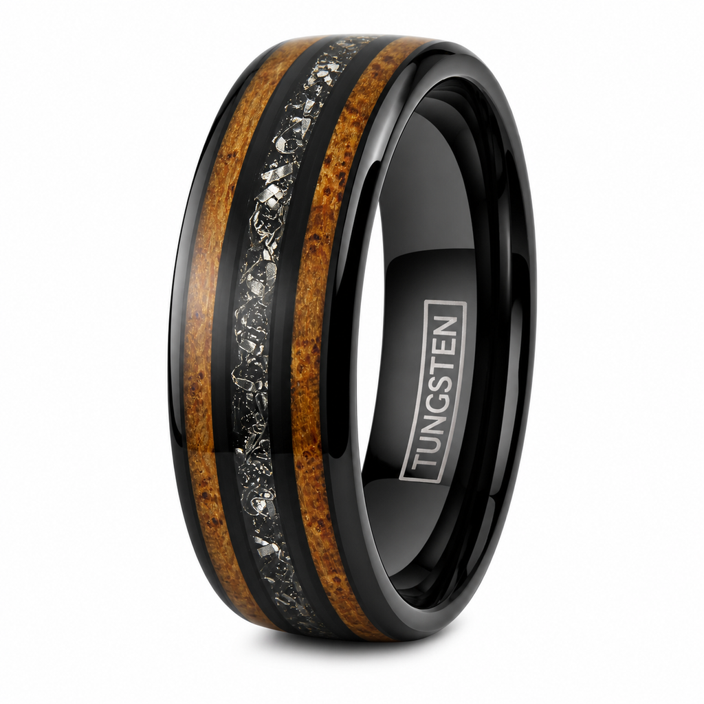 Black Tungsten Carbide Ring Men's Meteorite & Whiskey Barrel Wood Band 8mm