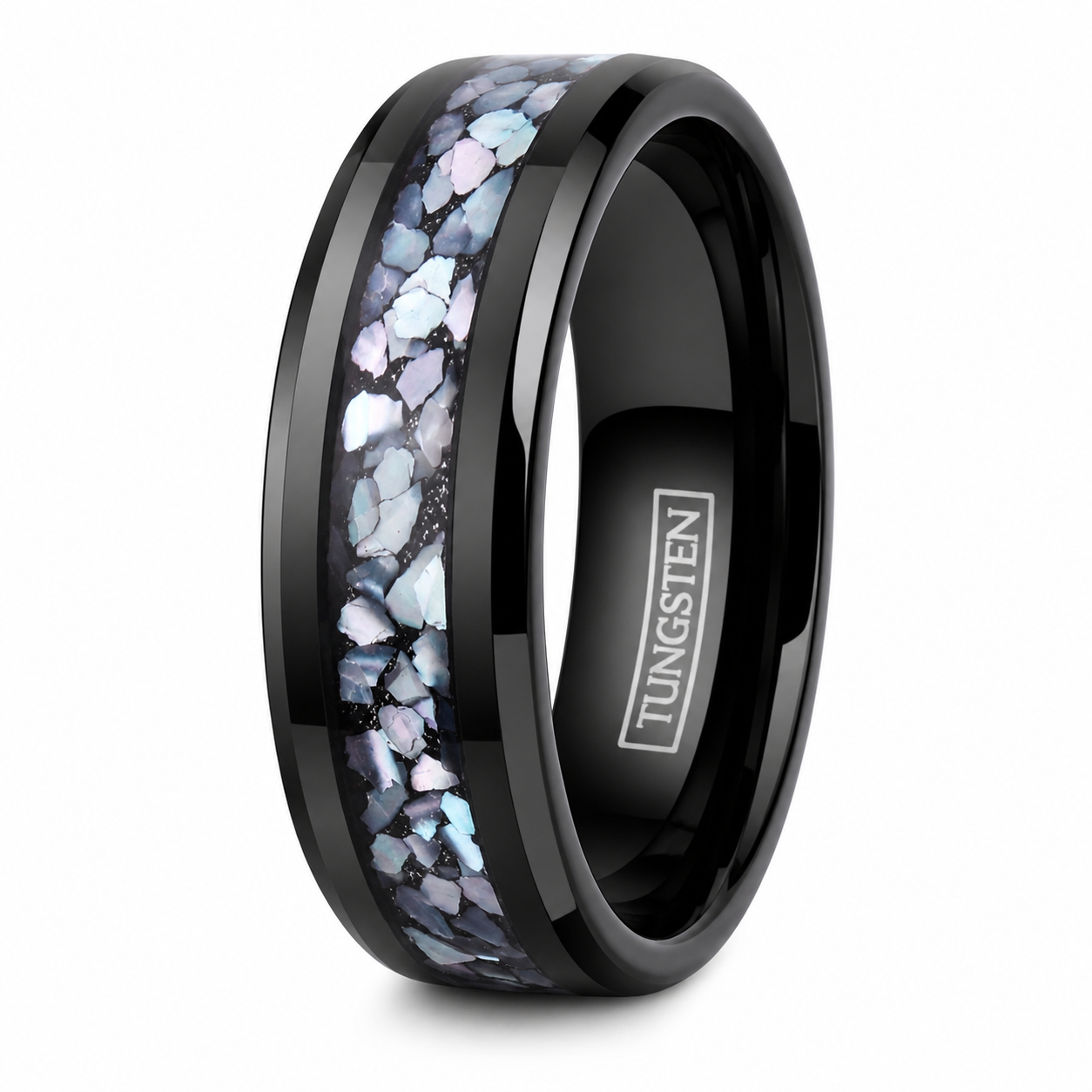 Black Tungsten Carbide Ring Chipped Mother of Pearl Band 8mm