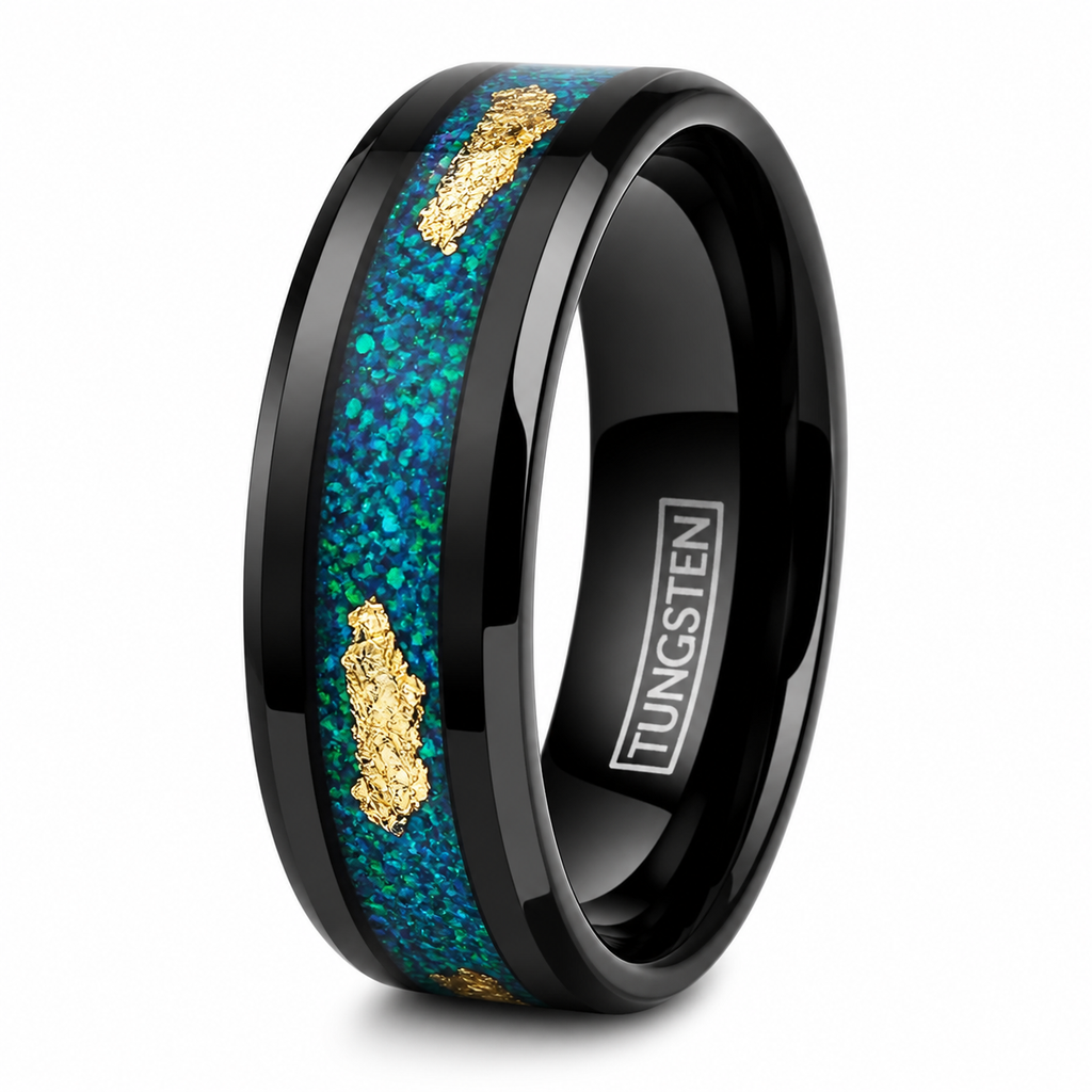 Black Tungsten Carbide Ring Green Opal with 24k Gold Foil Leaf Wedding Band 8mm