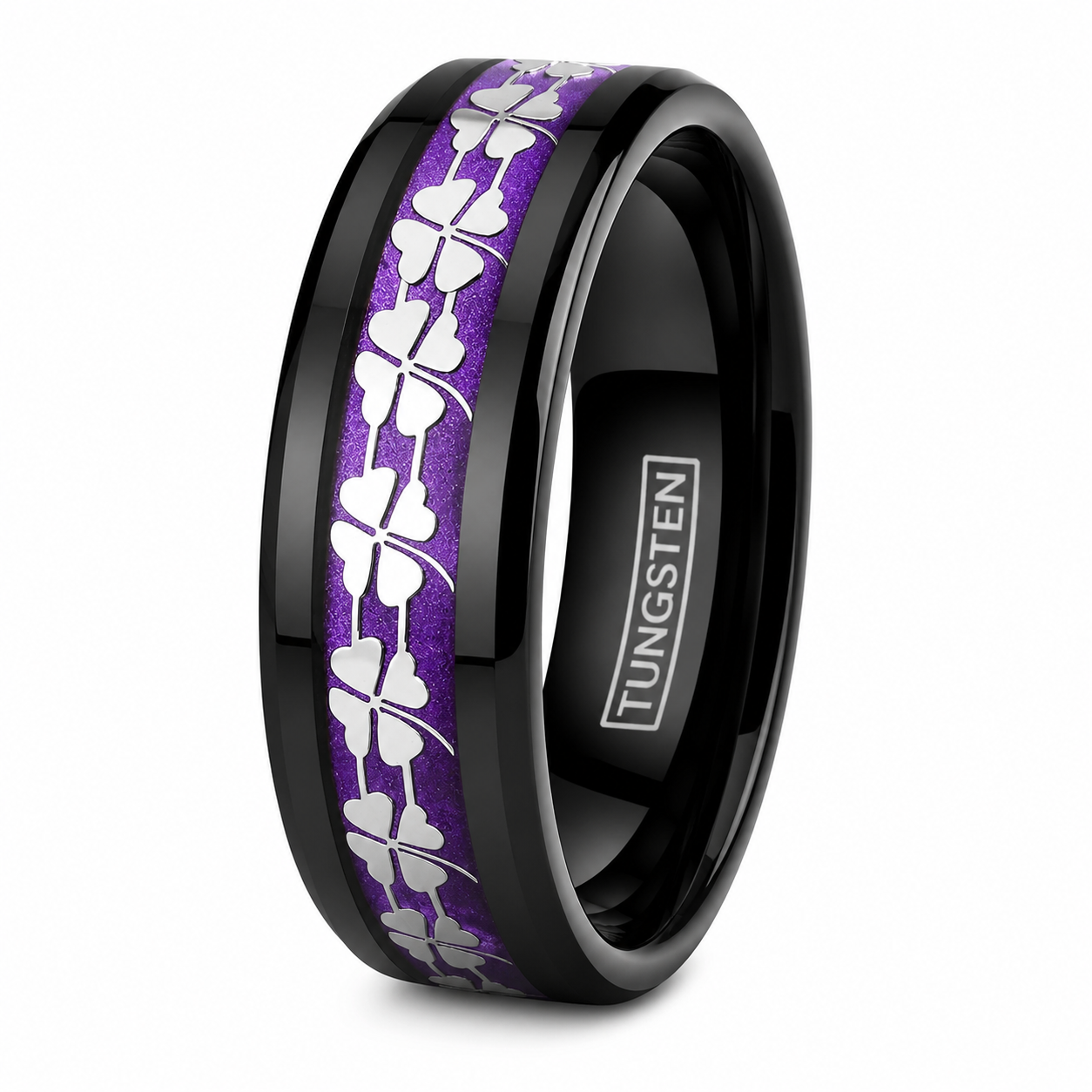 Black Tungsten Carbide Men's Ring 4 Leaf Clover Purple Wedding Band 8mm