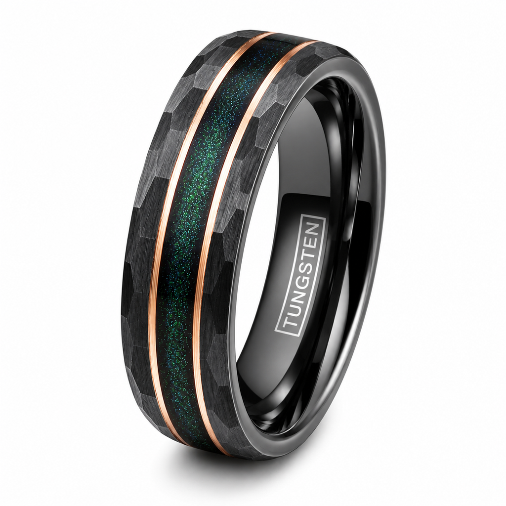 Black Brushed Tungsten Carbide Ring Green Sand Rose Gold Plated Stripe Band 8mm