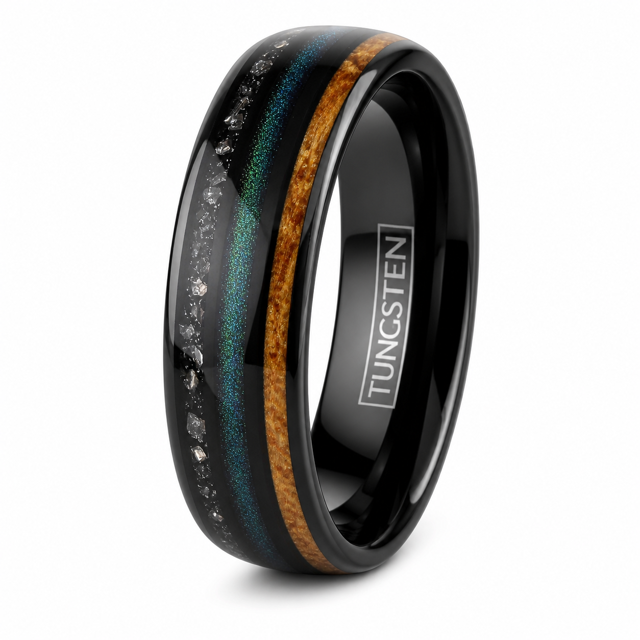 Black Tungsten Carbide Ring Green Sand Whiskey Barrel Wood Faux Meteorite Band 8mm