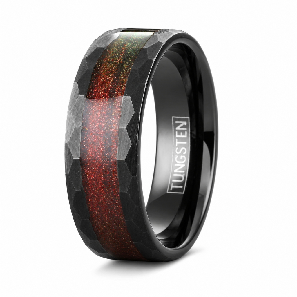 Black Brushed Faceted Tungsten Carbide Ring Red Flowing Sand Wedding Band 8mm