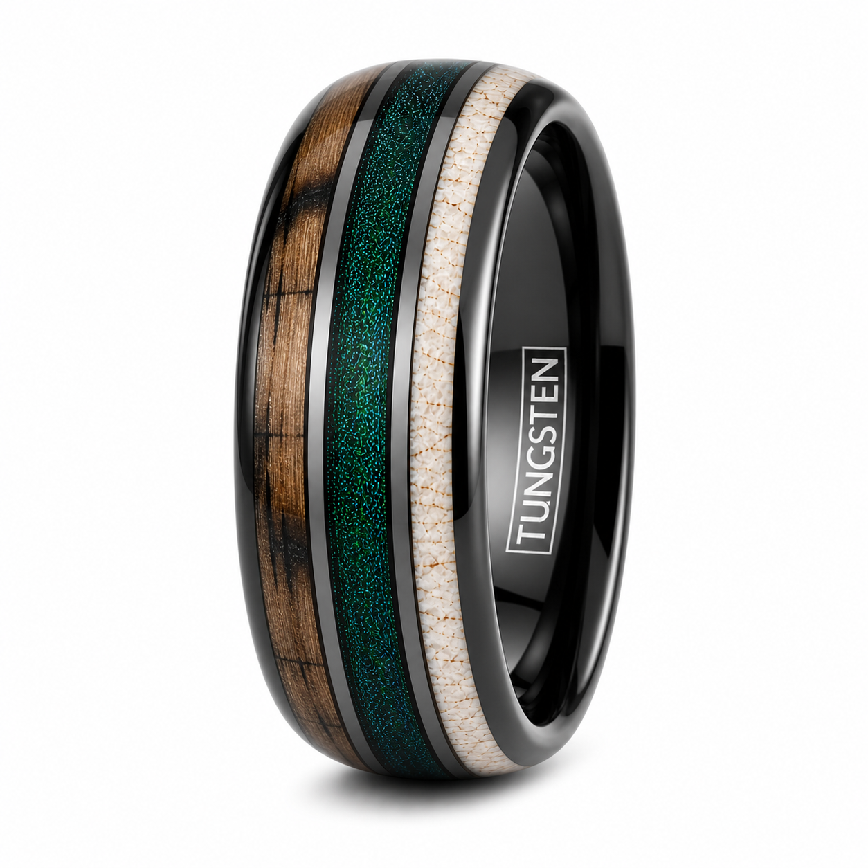 Black Tungsten Carbide Ring Green Sand Whiskey Barrel Wood Deer Antler Band 8mm