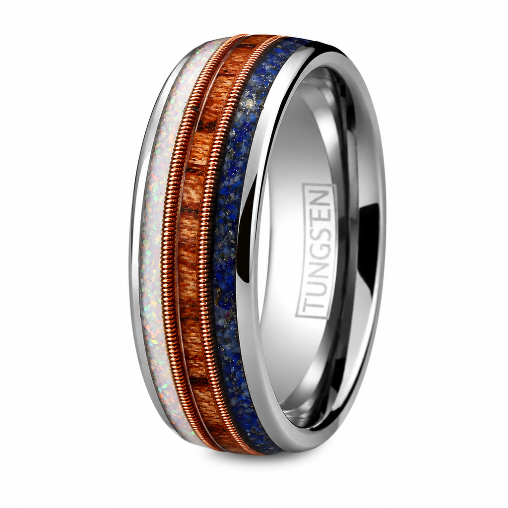 Silver Tungsten Carbide Ring with Blue Lapis Rosewood & Opal with Guitar String for Men