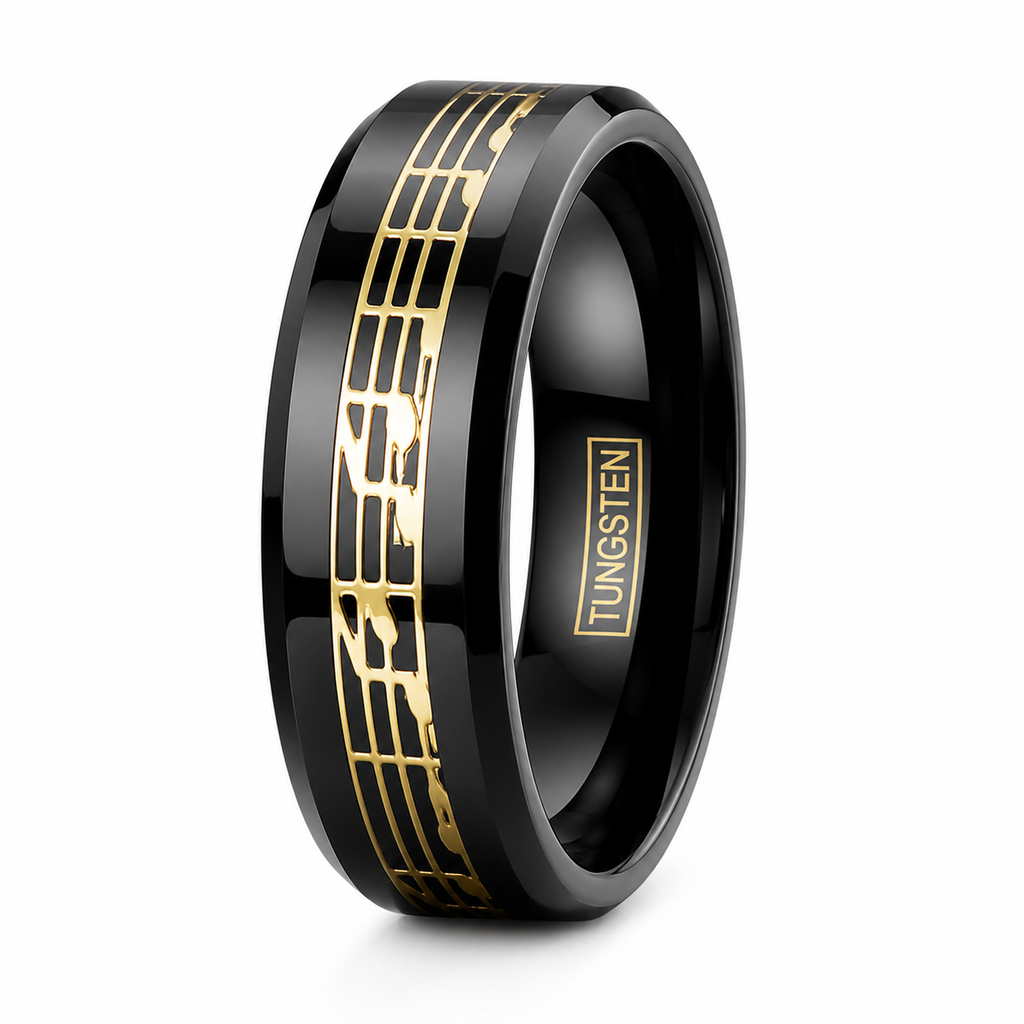 Black Tungsten Carbide Men's Music Note Inlay Wedding Band Ring