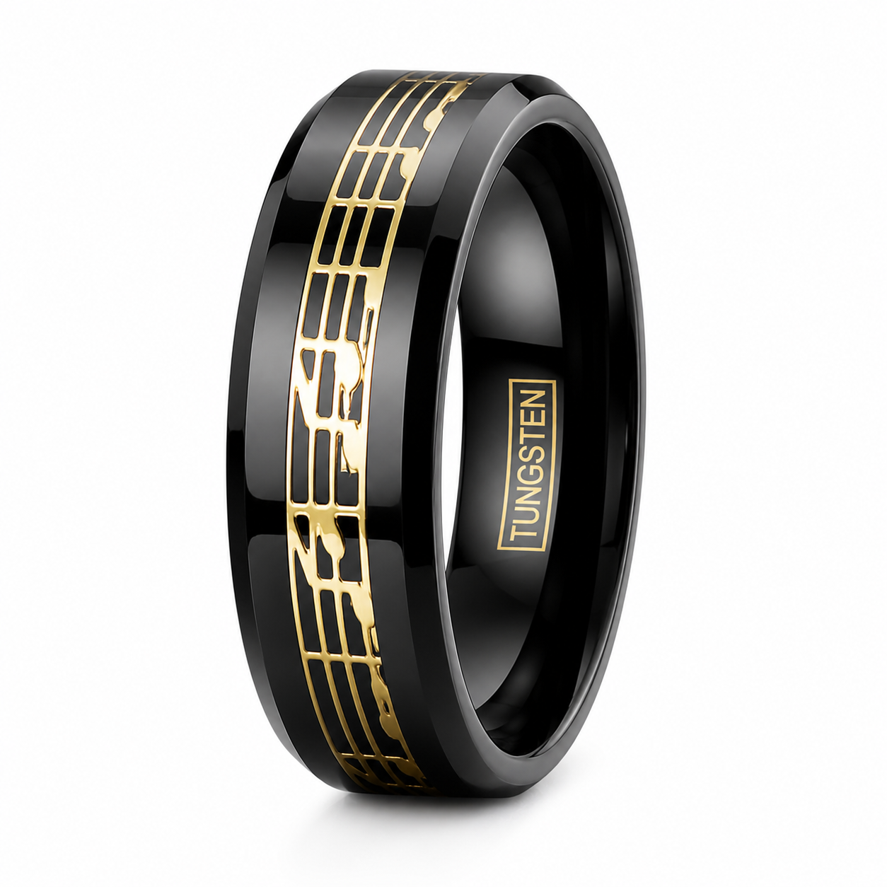 Black Tungsten Carbide Men's Music Note Inlay Wedding Band Ring