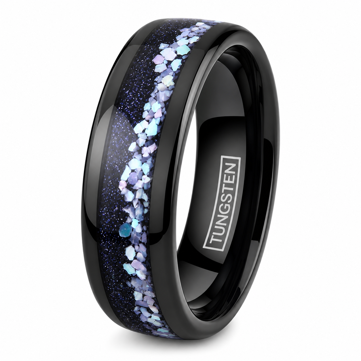 Black Tungsten Carbide Men's Ring Mother of Pearl & Blue Galaxy Sandstone Band 8mm