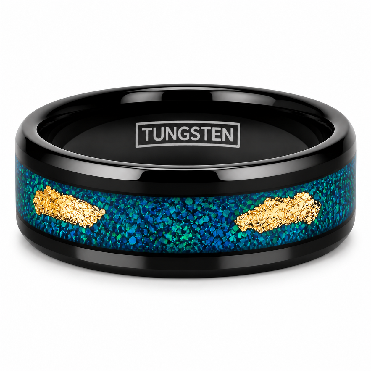 Black Tungsten Carbide Ring Green Opal with 24k Gold Foil Leaf Wedding Band 8mm
