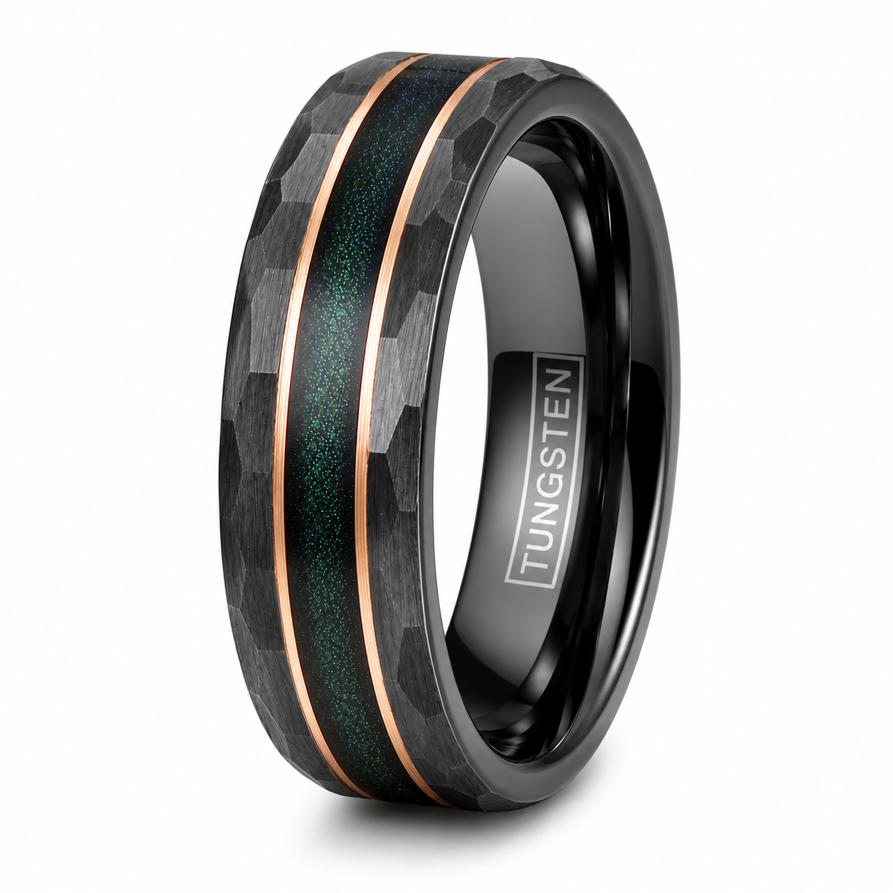 Black Brushed Tungsten Carbide Ring Green Sand Rose Gold Plated Stripe Band 8mm