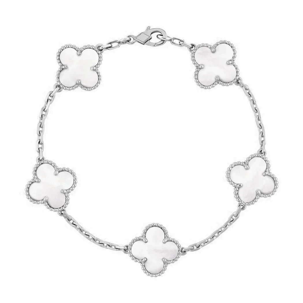 925 Silver White Mother of Pearl Clover Bracelets for Men and Women 6" 7" and 8" Inches Adjustable - Jewelry Store by Erik Rayo