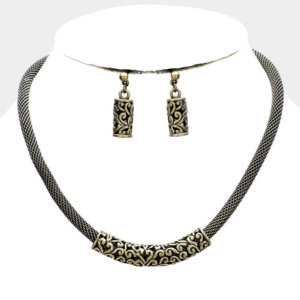 Gold Embossed Metal Mesh Chain Necklace