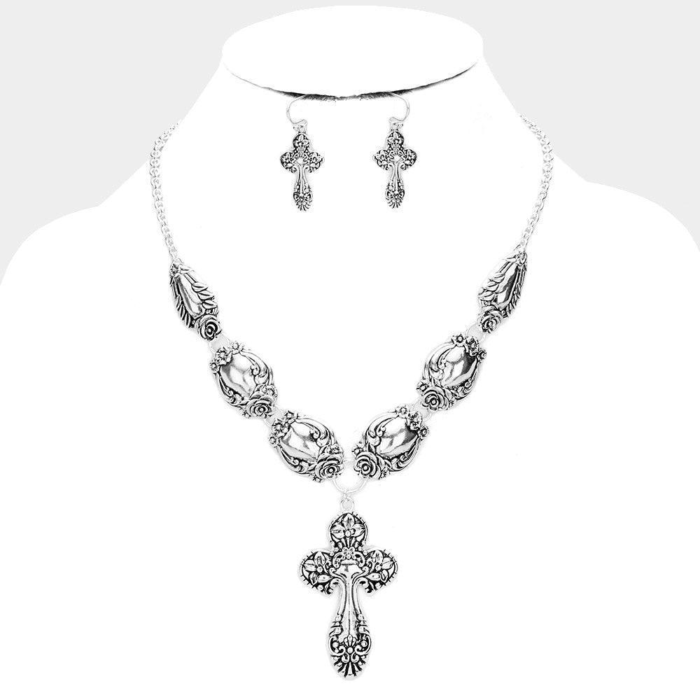 Silver Antique Silver Cross Metal Necklace - Jewelry Store by Erik Rayo