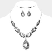 Load image into Gallery viewer, Silver Antique Silver Floral Teardrop Metal Necklace
