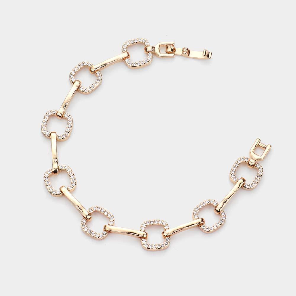 Gold CZ Embellished Open Square Metal Bar Link Evening Bracelet - Jewelry Store by Erik Rayo