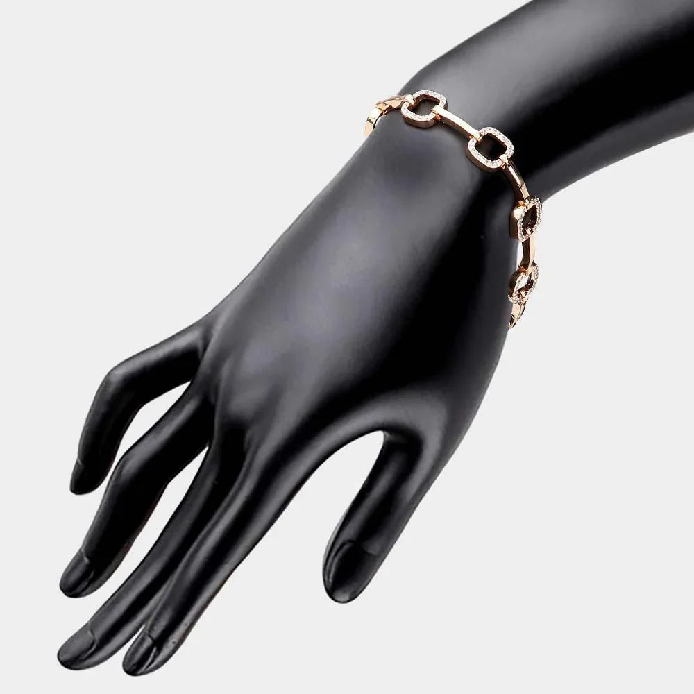 Gold CZ Embellished Open Square Metal Bar Link Evening Bracelet - Jewelry Store by Erik Rayo
