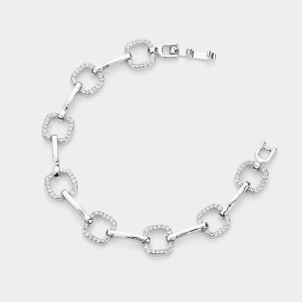 Silver CZ Embellished Open Square Metal Bar Link Evening Bracelet - Jewelry Store by Erik Rayo