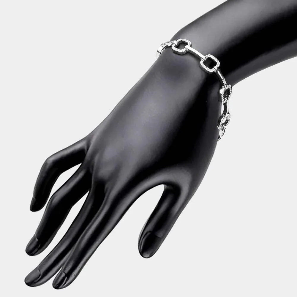 Silver CZ Embellished Open Square Metal Bar Link Evening Bracelet - Jewelry Store by Erik Rayo