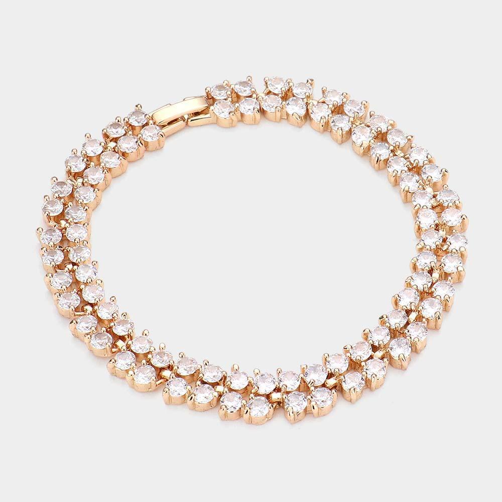 Gold 2Rows CZ Round Cluster Evening Bracelet - Jewelry Store by Erik Rayo
