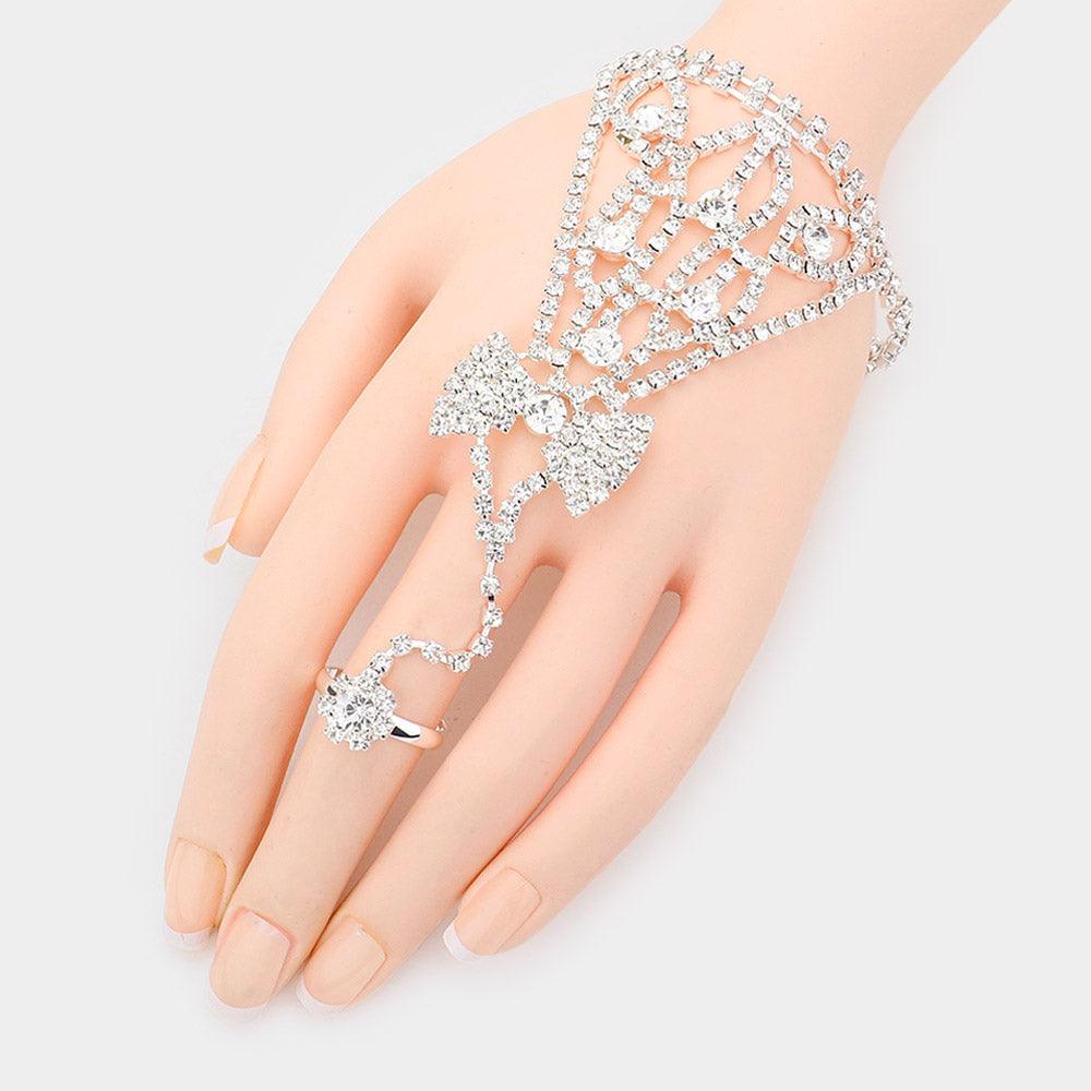 Silver Round Crystal Rhinestone Net Hand Chain Bracelet