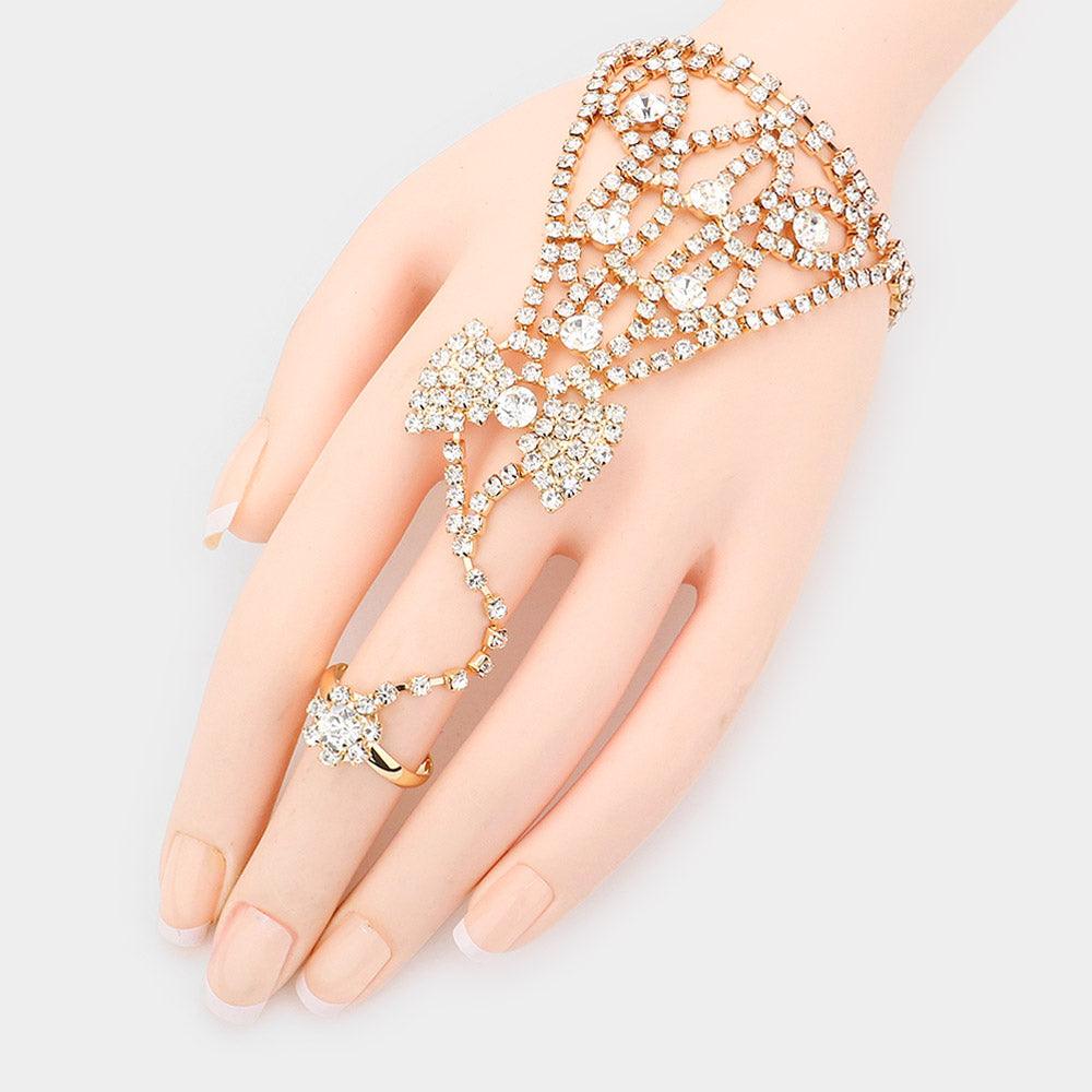 Gold Round Crystal Rhinestone Net Hand Chain Bracelet