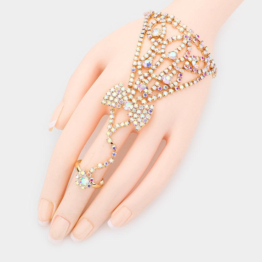 Gold Round Crystal Rhinestone Net Hand Chain Bracelet