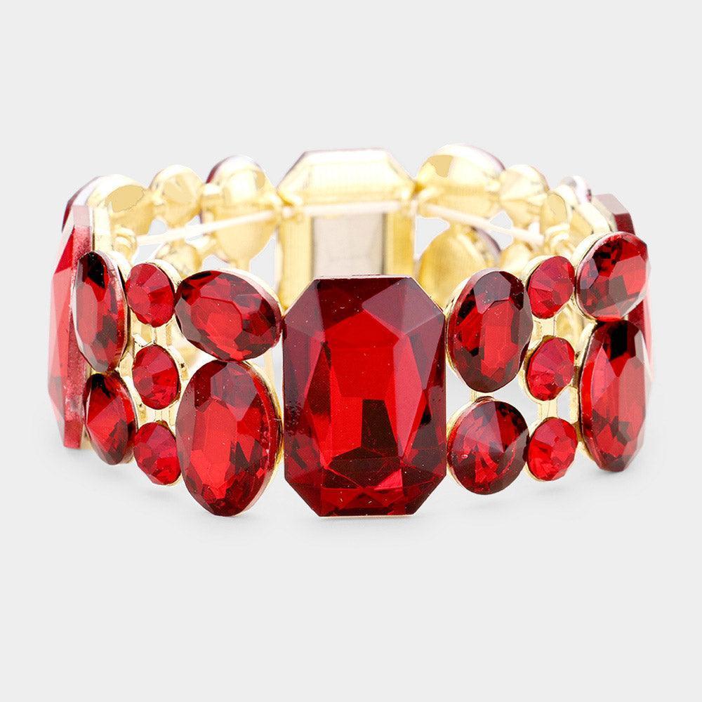 Red Emerald Cut Crystal Accented Stretch Evening Bracelet - Jewelry Store by Erik Rayo