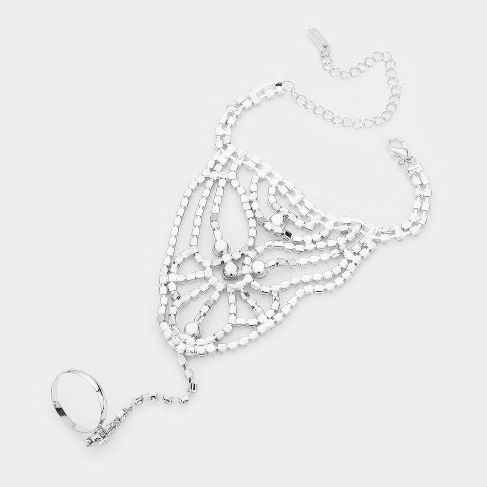 Silver Round Stone Accented Hand Chain Evening Bracelet - Jewelry Store by Erik Rayo