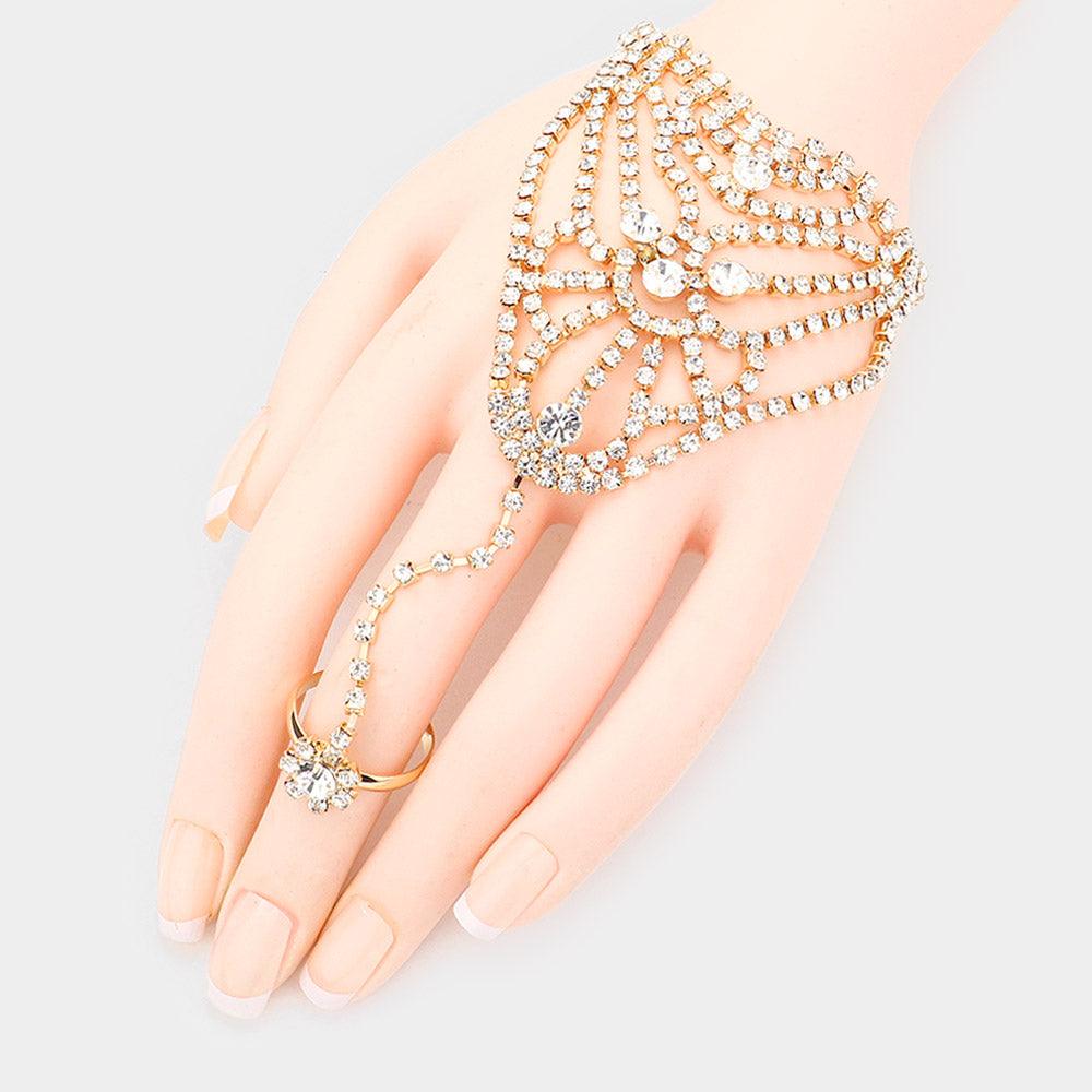 Gold Round Stone Accented Hand Chain Evening Bracelet