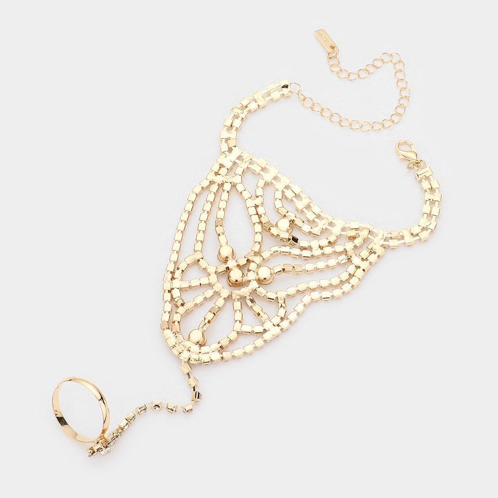 Gold Round Stone Accented Hand Chain Evening Bracelet - Jewelry Store by Erik Rayo