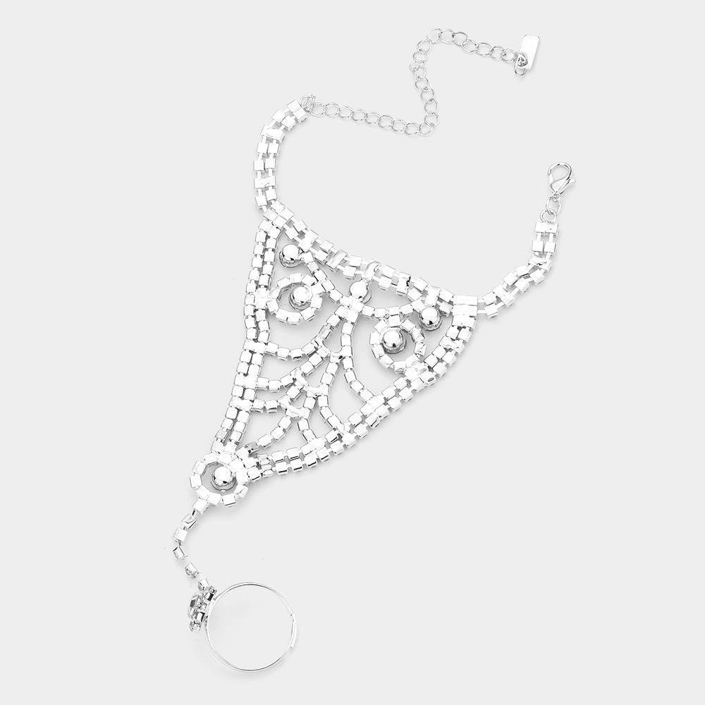Silver Crystal Rhinestone Accented Hand Chain Evening Bracelet - Jewelry Store by Erik Rayo