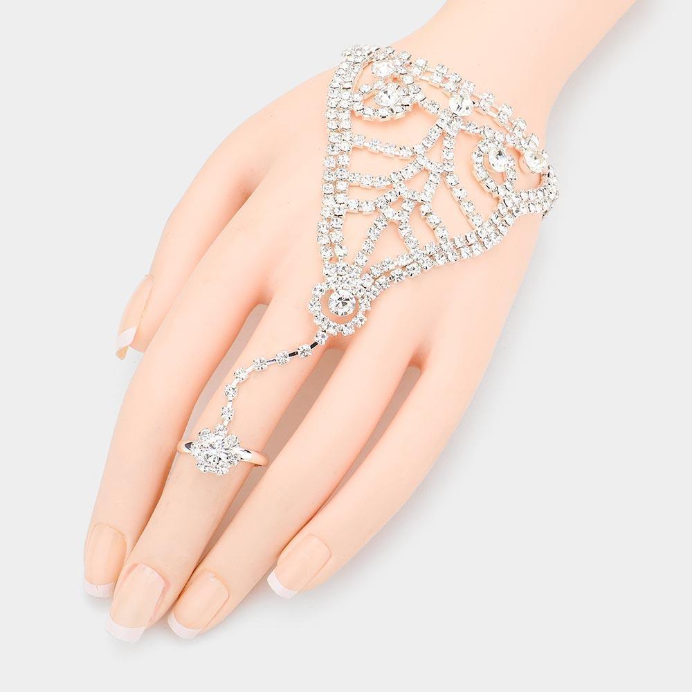 Silver Crystal Rhinestone Accented Hand Chain Evening Bracelet - Jewelry Store by Erik Rayo