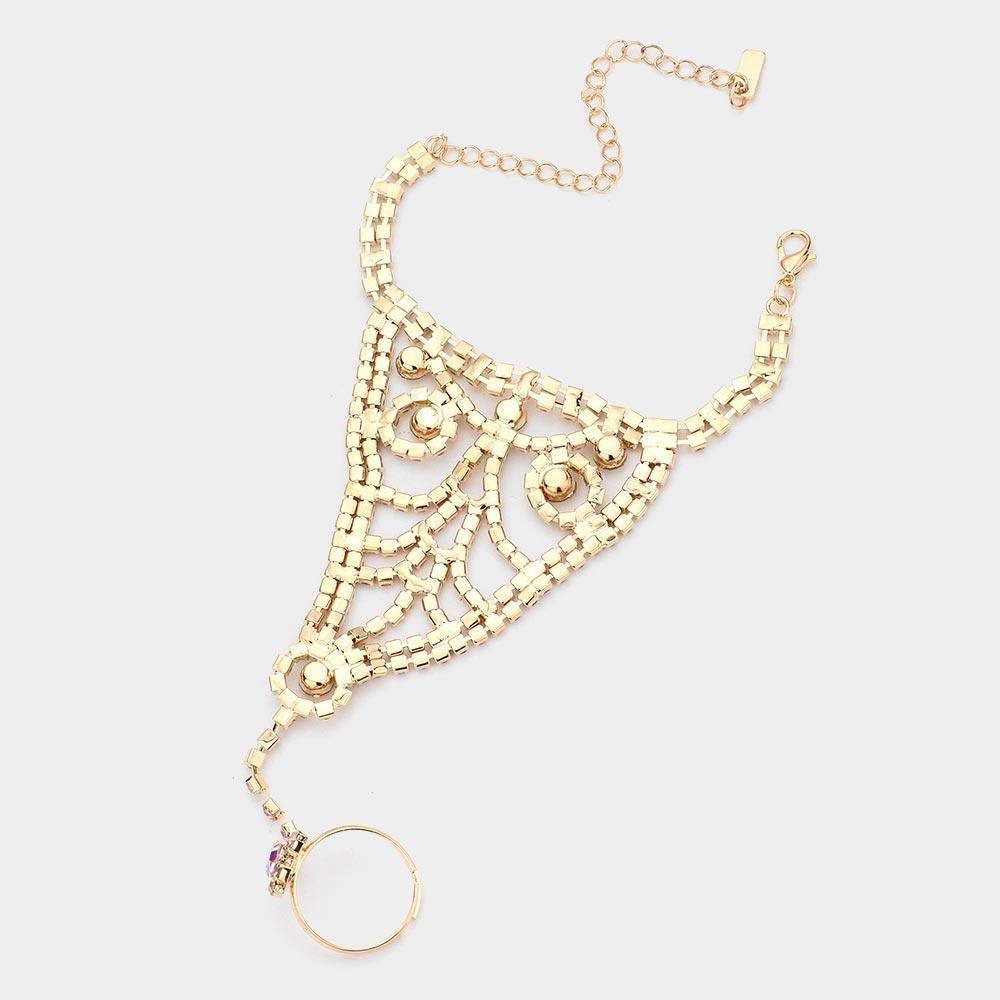 Gold Crystal Rhinestone Accented Hand Chain Evening Bracelet - Jewelry Store by Erik Rayo