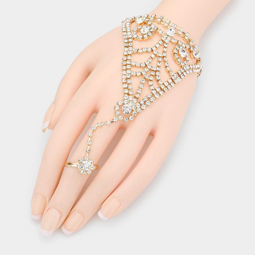 Gold Crystal Rhinestone Accented Hand Chain Evening Bracelet - Jewelry Store by Erik Rayo