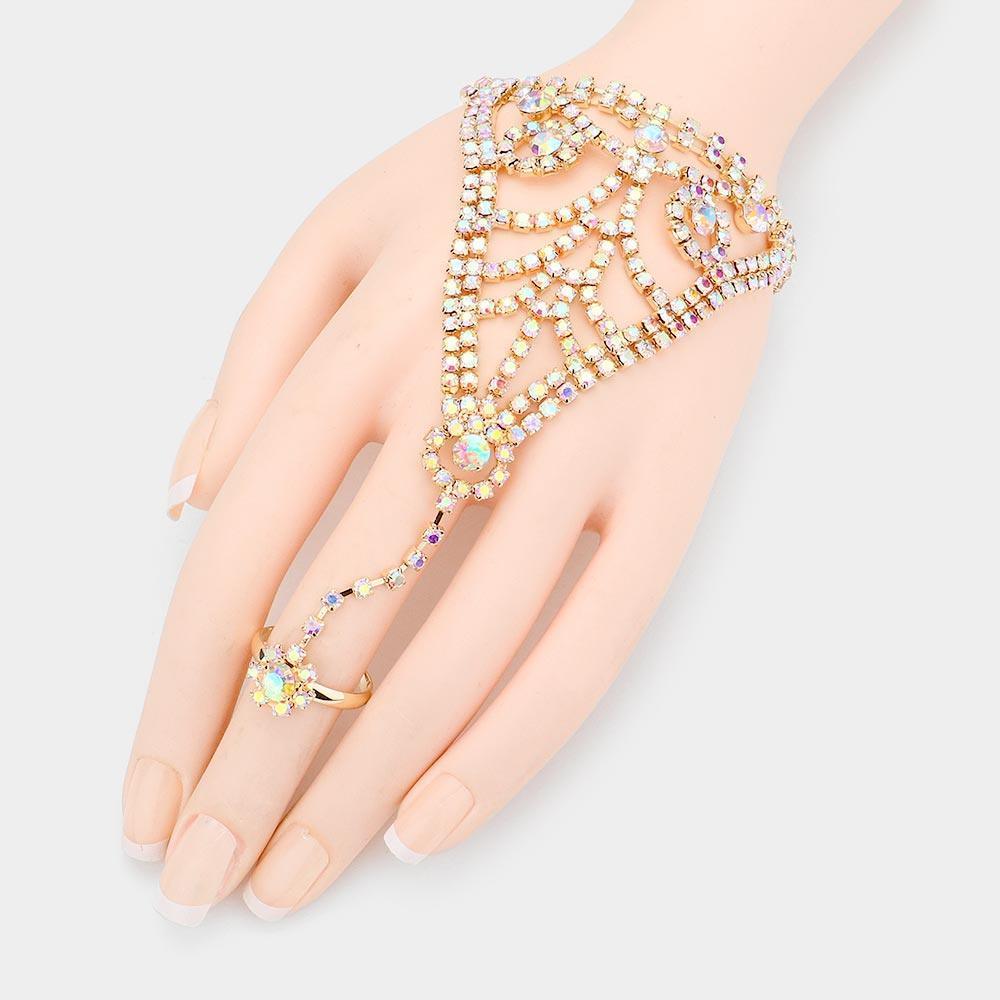 Gold Crystal Rhinestone Accented Hand Chain Evening Bracelet - Jewelry Store by Erik Rayo