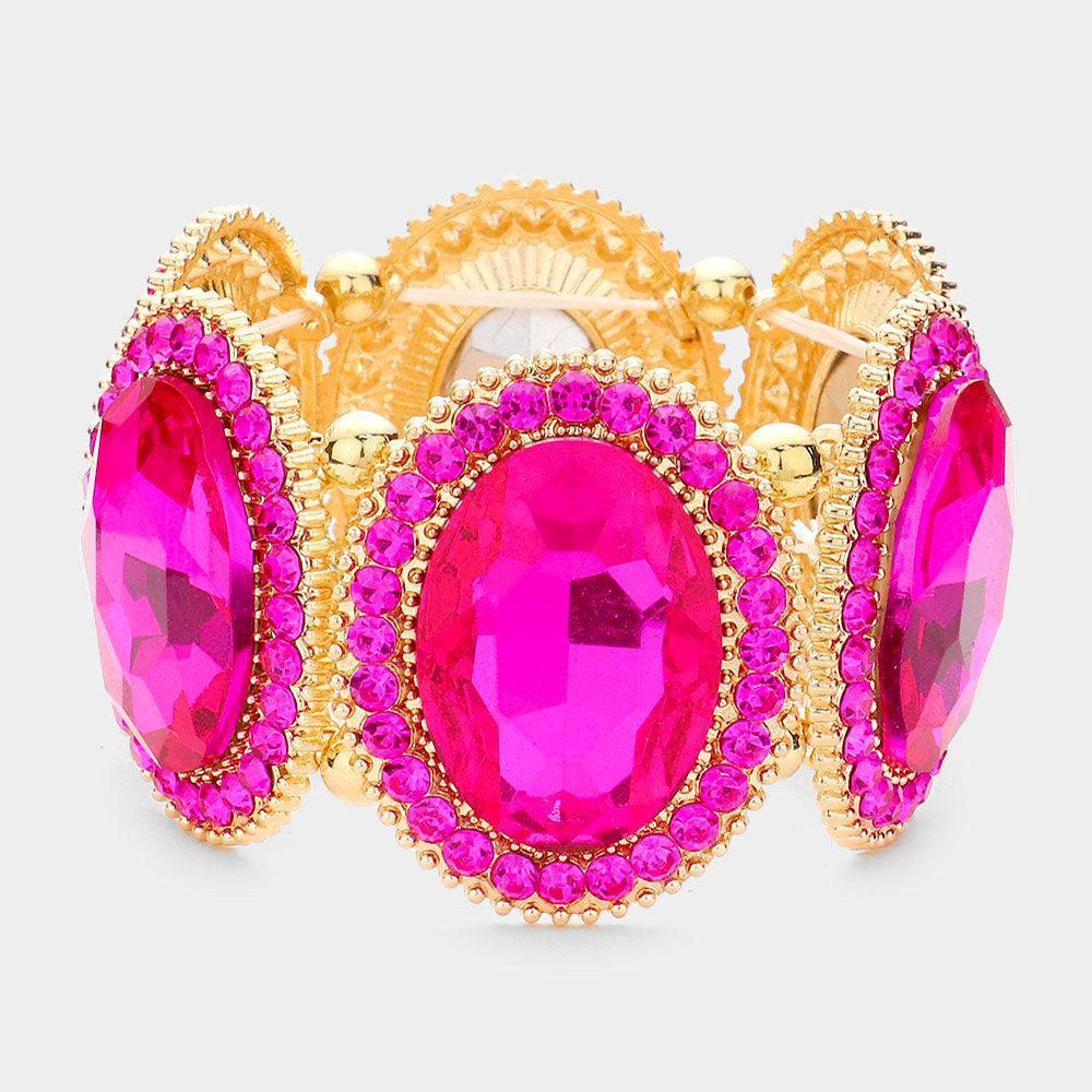 Fuchsia Pave Trim Crystal Oval Stone Stretch Evening Bracelet - Jewelry Store by Erik Rayo