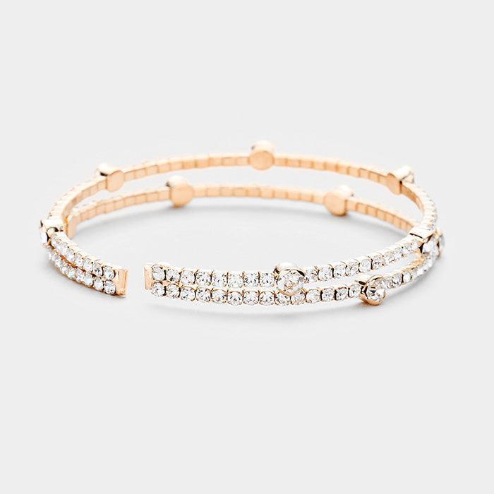 Rose Gold 2Row Split Layer Round Crystal Detail Cuff Evening Bracelet - Jewelry Store by Erik Rayo