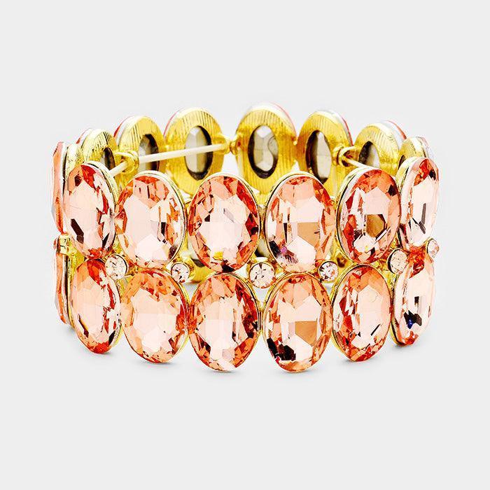 Peach Glass Crystal Oval Stone Cluster Stretch Bracelet - Jewelry Store by Erik Rayo