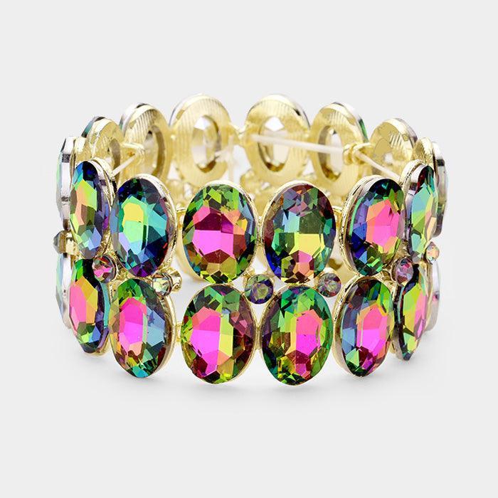 Gold Glass Crystal Oval Stone Cluster Stretch Bracelet - Jewelry Store by Erik Rayo