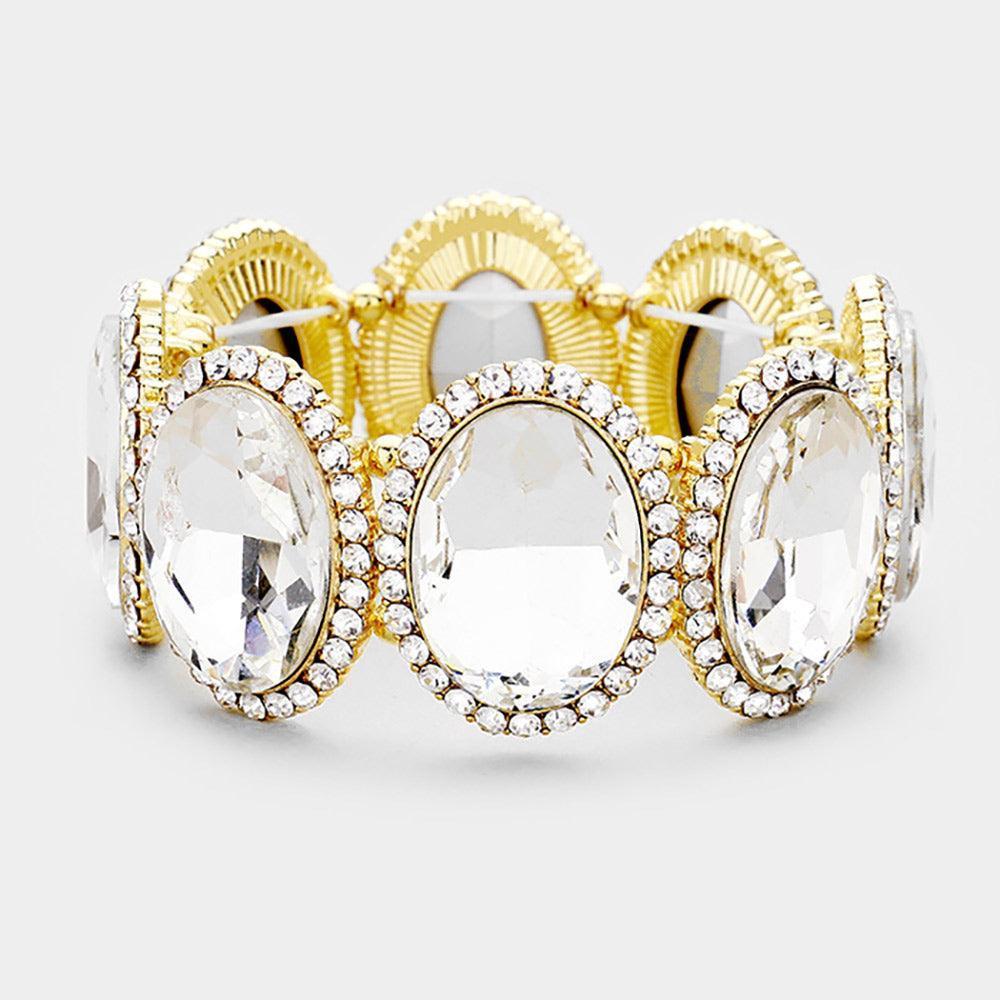 Clear Rhinestone Trim Oval Crystal Stretch Evening Bracelet