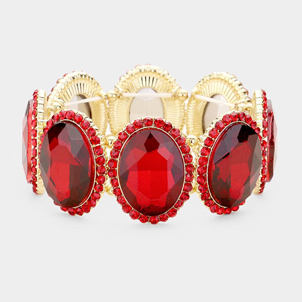 Red Rhinestone Trim Oval Crystal Stretch Evening Bracelet