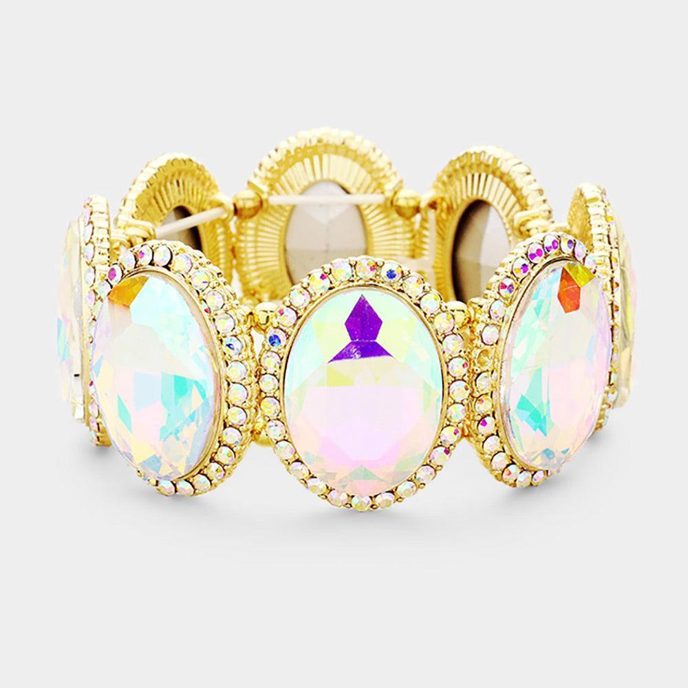 Gold Rhinestone Trim Oval Crystal Stretch Evening Bracelet