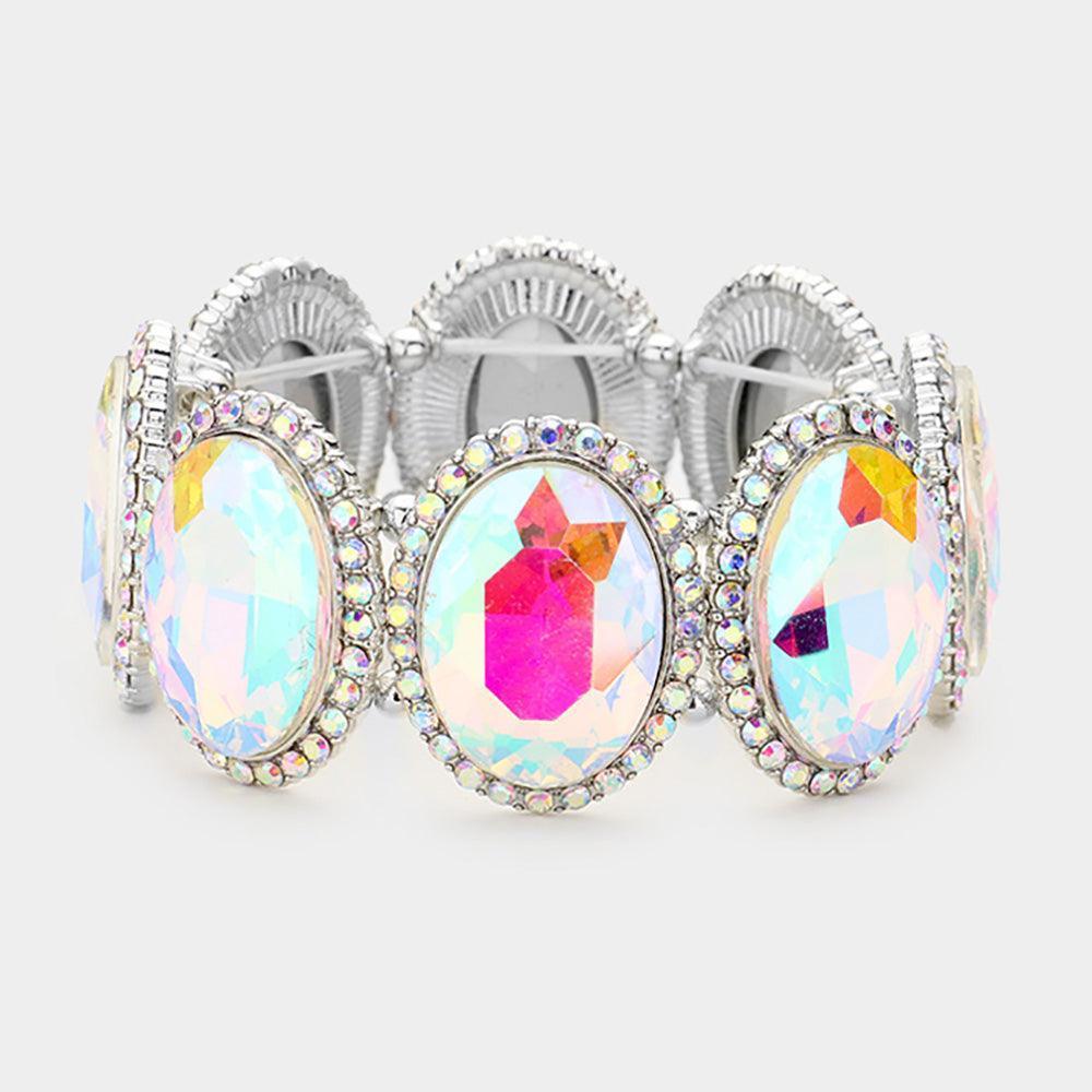 Silver Rhinestone Trim Oval Crystal Stretch Evening Bracelet - Jewelry Store by Erik Rayo