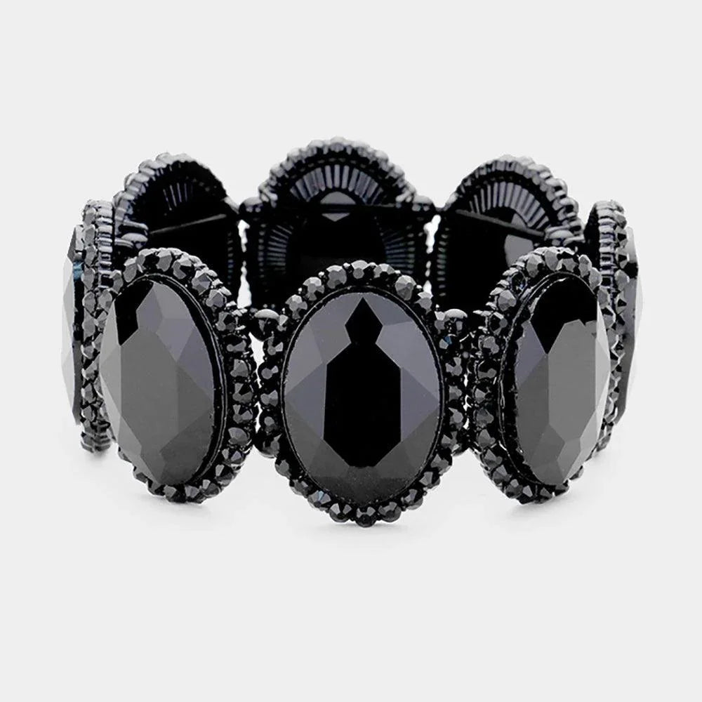 Black Rhinestone Trim Oval Crystal Stretch Evening Bracelet