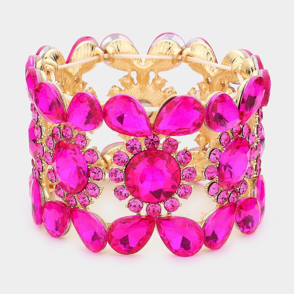 Fuchsia Teardrop Round Stone Stretch Evening Bracelet - Jewelry Store by Erik Rayo