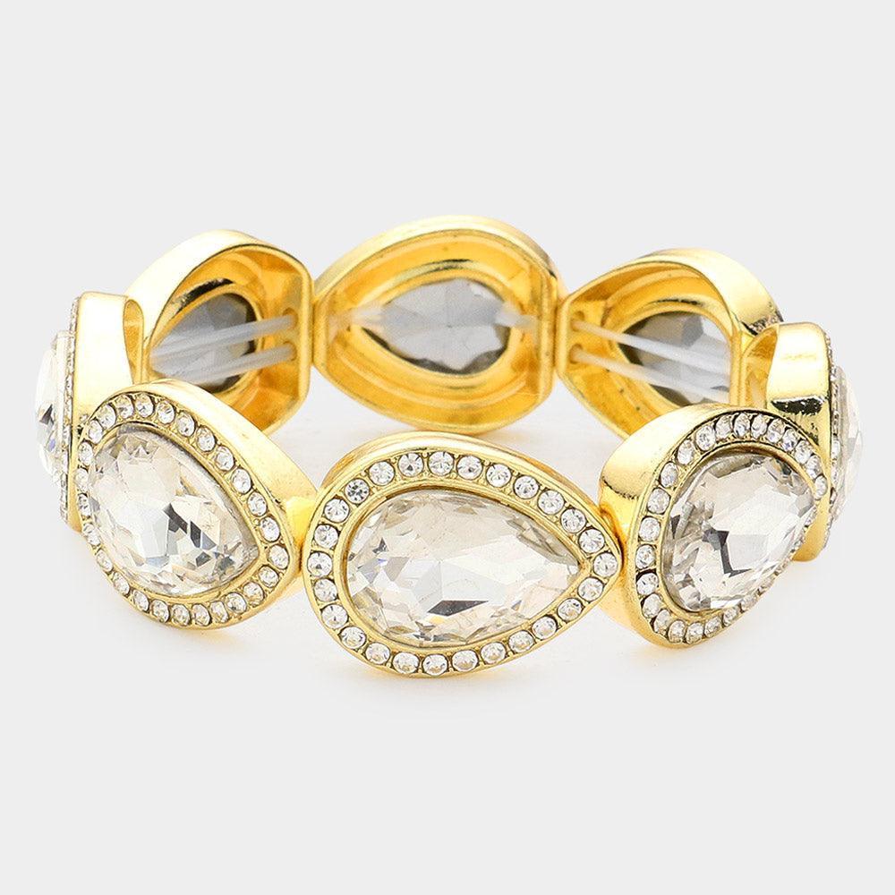 Gold Rhinestone Trim Teardrop Crystal Stretch Evening Bracelet - Jewelry Store by Erik Rayo
