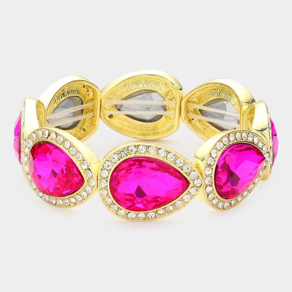 Fuchsia Rhinestone Trim Teardrop Crystal Stretch Evening Bracelet - Jewelry Store by Erik Rayo