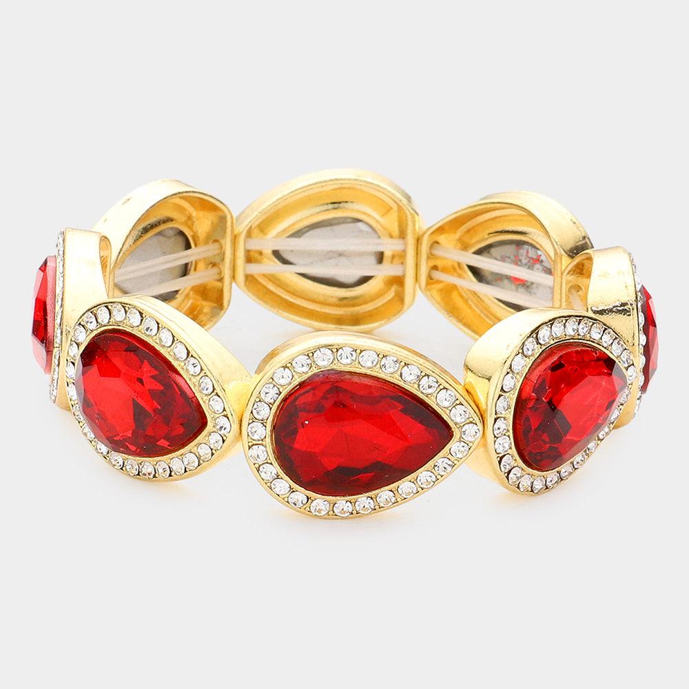 Red Rhinestone Trim Teardrop Crystal Stretch Evening Bracelet