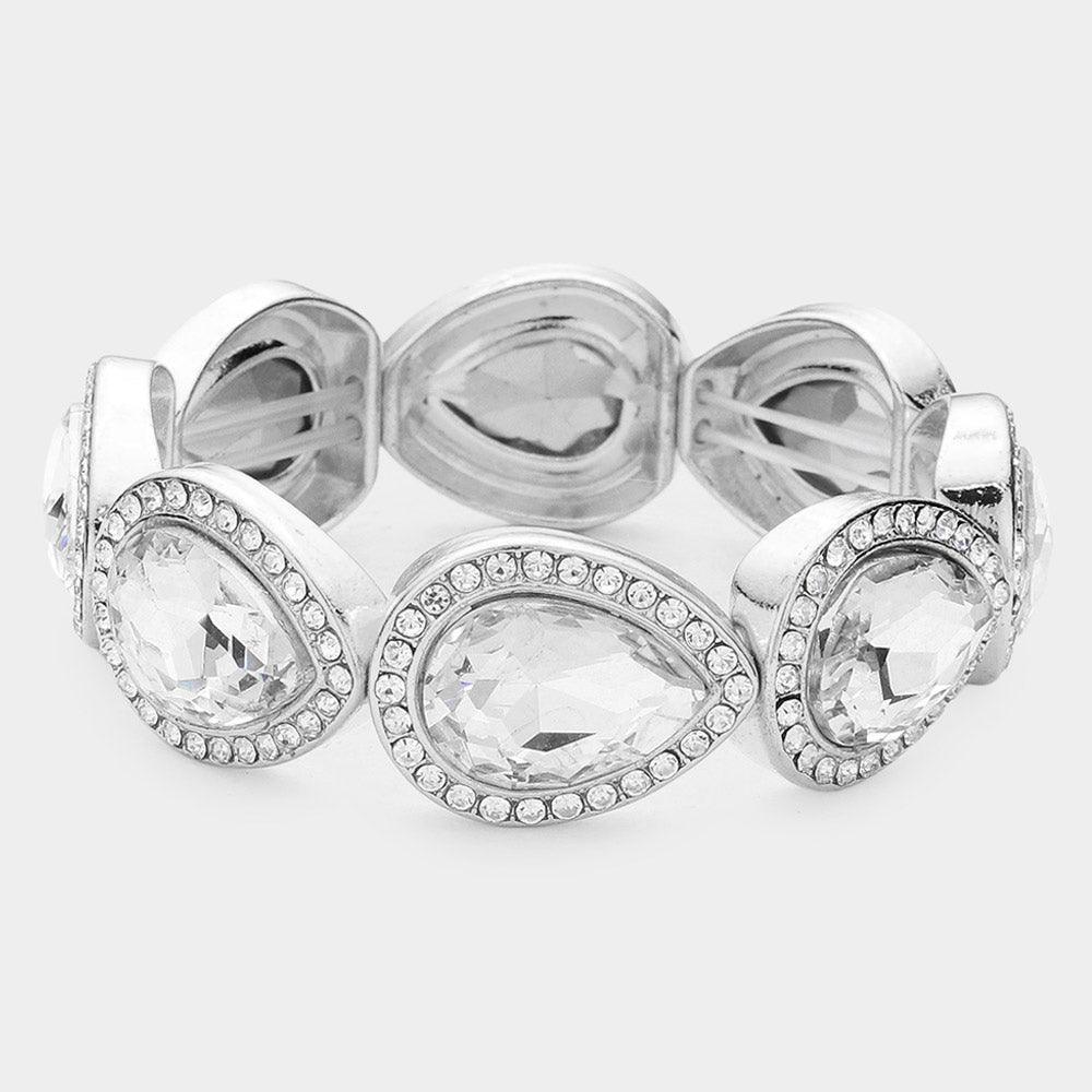 Silver Rhinestone Trim Teardrop Crystal Stretch Evening Bracelet - Jewelry Store by Erik Rayo